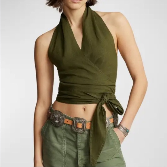 Polo Ralph Lauren Tops - Polo Ralph Lauren Green 100% Linen Tie Waist Halter Top Small